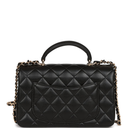 Chanel Mini Rectangular Flap Bag with Top Handle Black Lambskin Light Gold Hardware