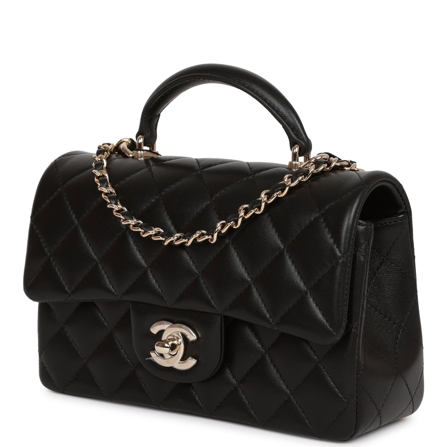Chanel Mini Rectangular Flap Bag with Top Handle Black Lambskin Light Gold Hardware