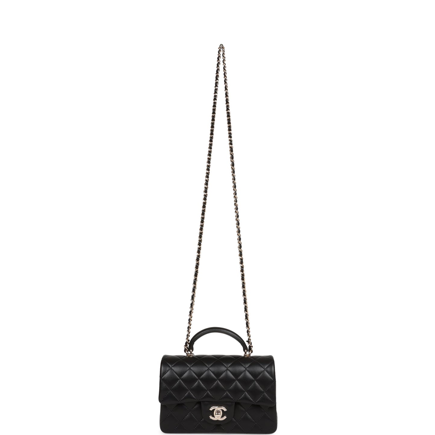 Chanel Mini Rectangular Flap Bag with Top Handle Black Lambskin Light Gold Hardware