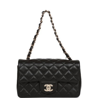 Chanel Mini Rectangular Flap Bag Black Lambskin Light Gold Hardware