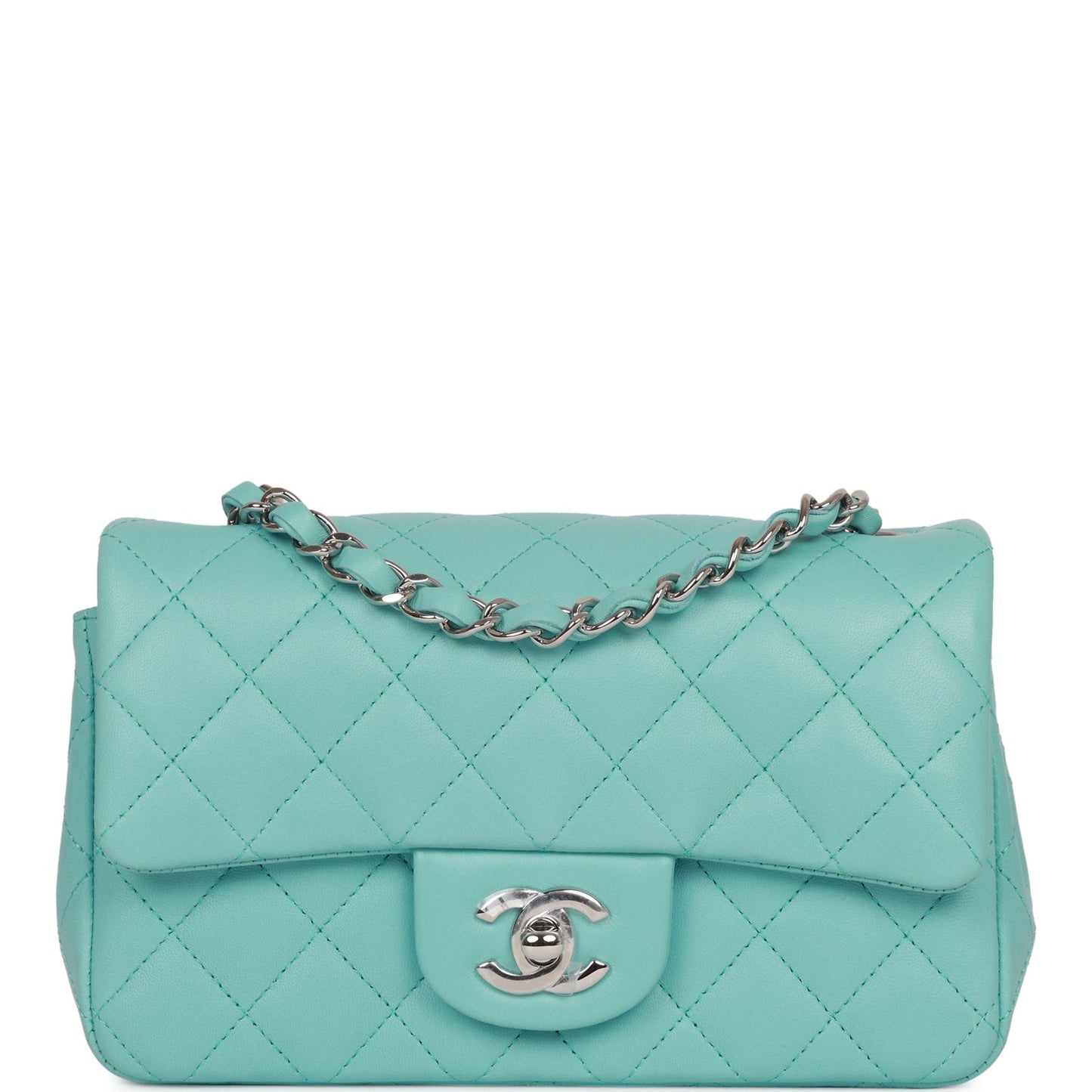 Chanel Mini Rectangular Flap Bag Turquoise Lambskin Silver Hardware