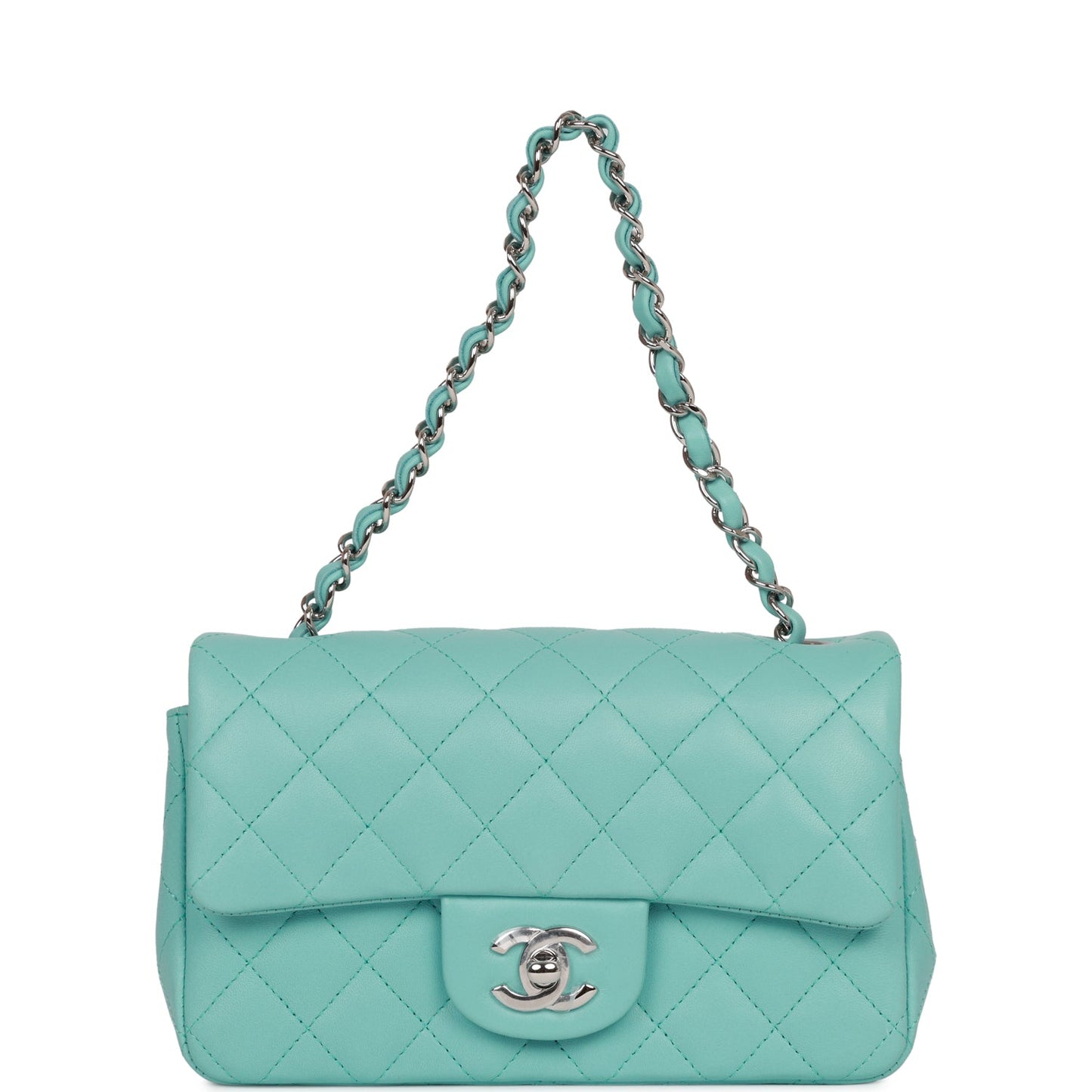 Chanel Mini Rectangular Flap Bag Turquoise Lambskin Silver Hardware