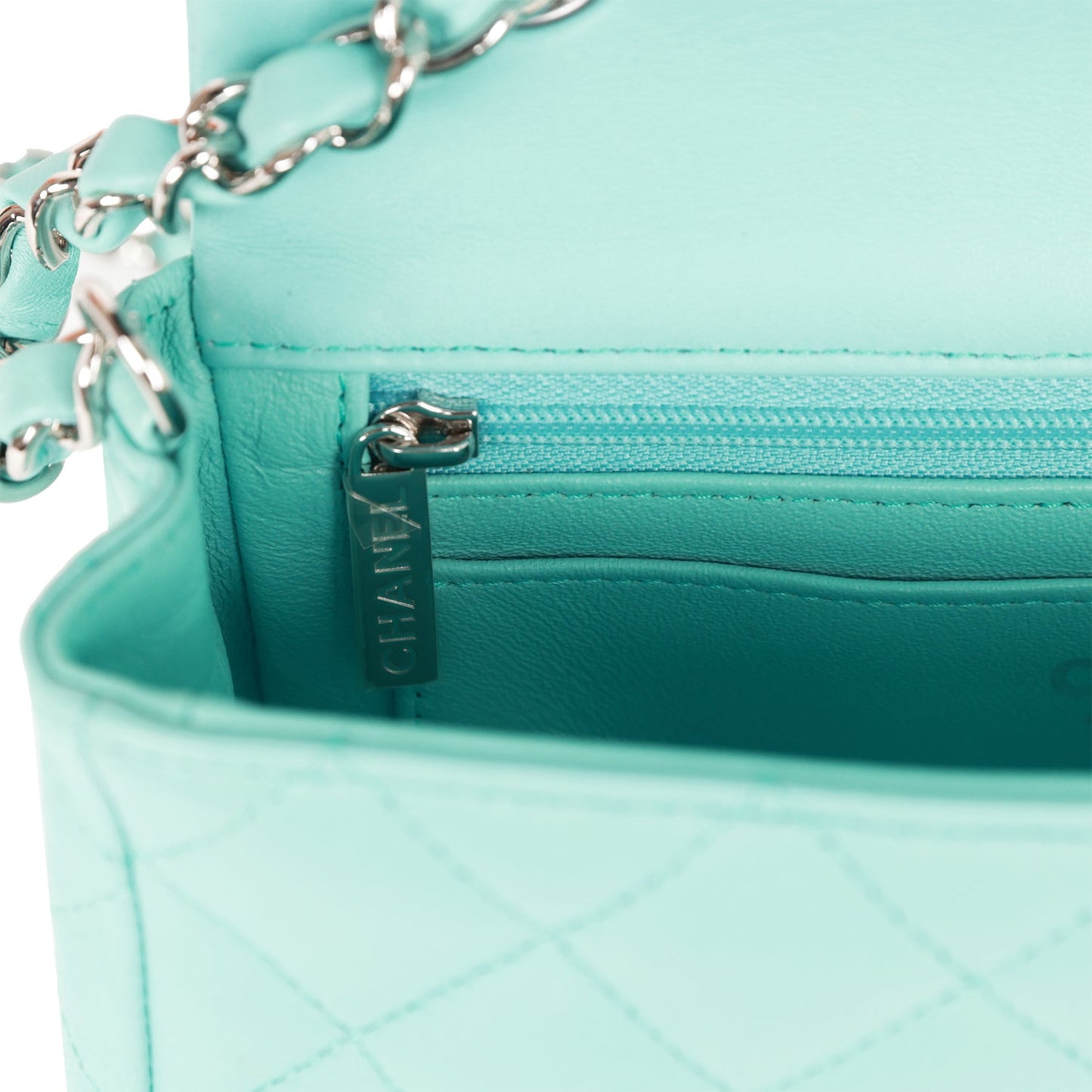 Chanel Mini Rectangular Flap Bag Turquoise Lambskin Silver Hardware