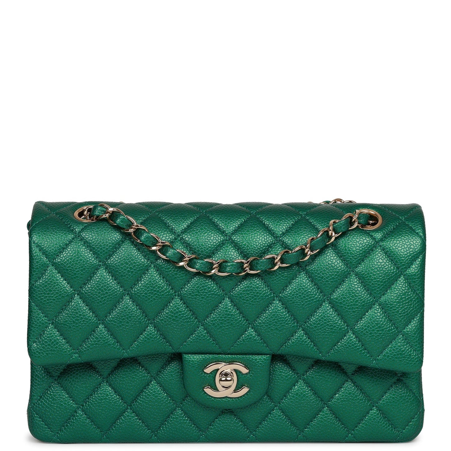 Chanel Medium Classic Double Flap Bag Green Metallic Caviar Light Gold Hardware
