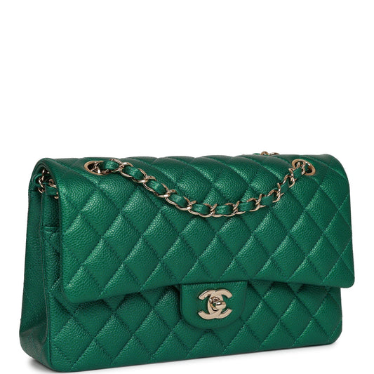 Chanel Medium Classic Double Flap Bag Green Metallic Caviar Light Gold Hardware