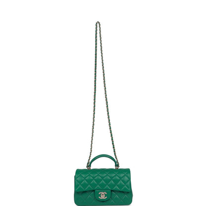 Chanel Mini Rectangular Flap with Top Handle Green Lambskin Light Gold Hardware