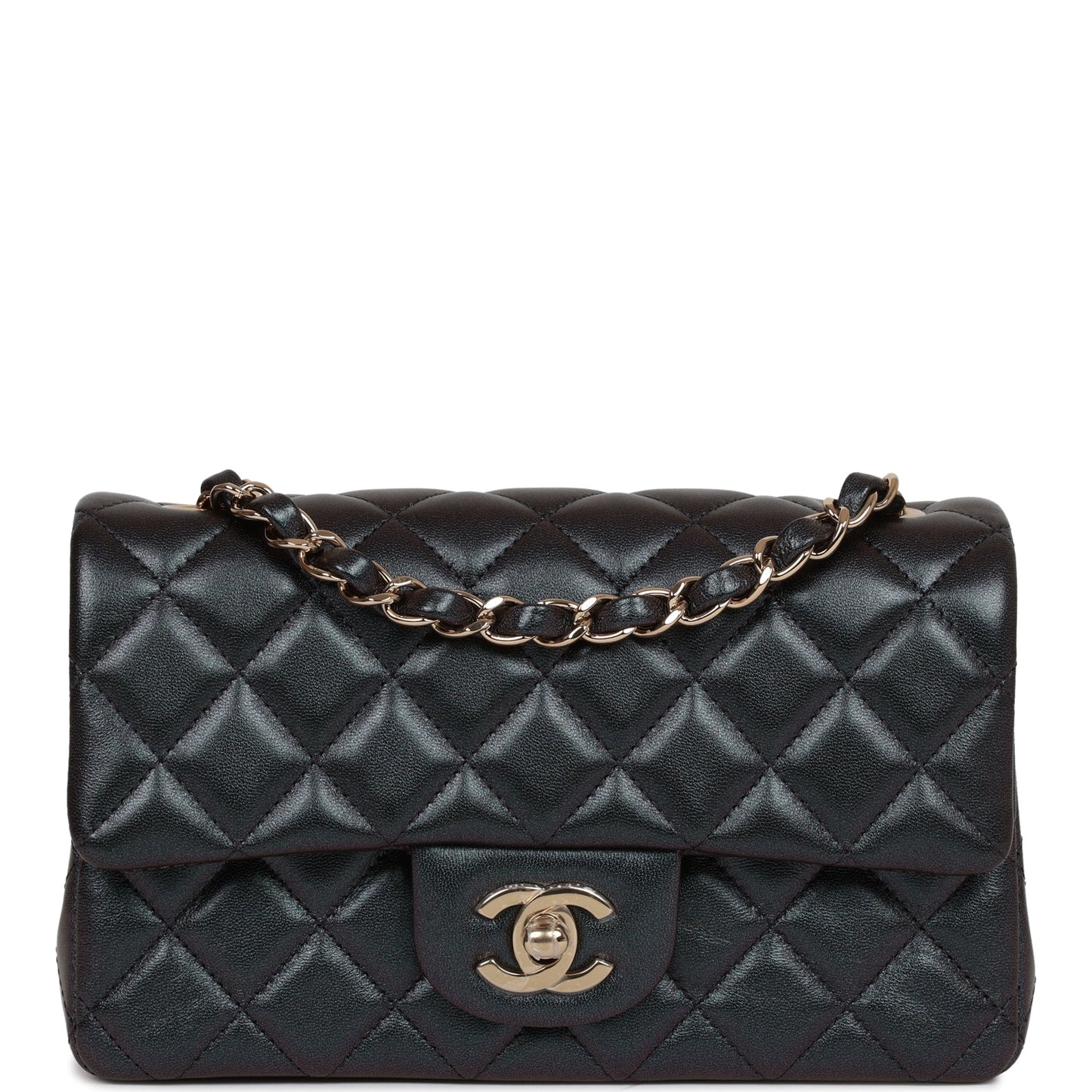 Chanel Mini Rectangular Flap Bag Black Metallic Lambskin Light Gold Hardware