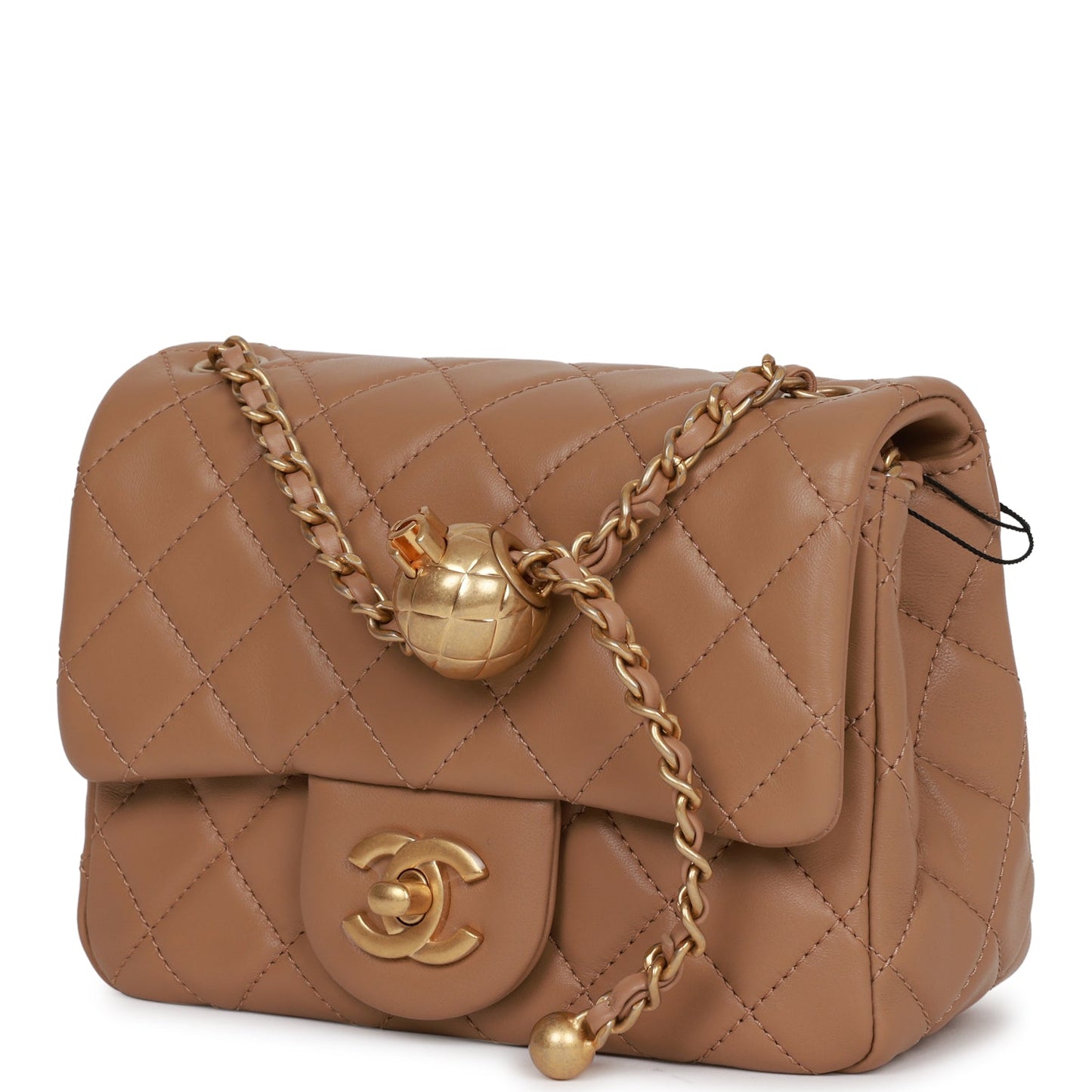 Chanel Pearl Crush Mini Square Flap Bag Beige Lambskin Antique Gold Hardware