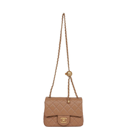 Chanel Pearl Crush Mini Square Flap Bag Beige Lambskin Antique Gold Hardware