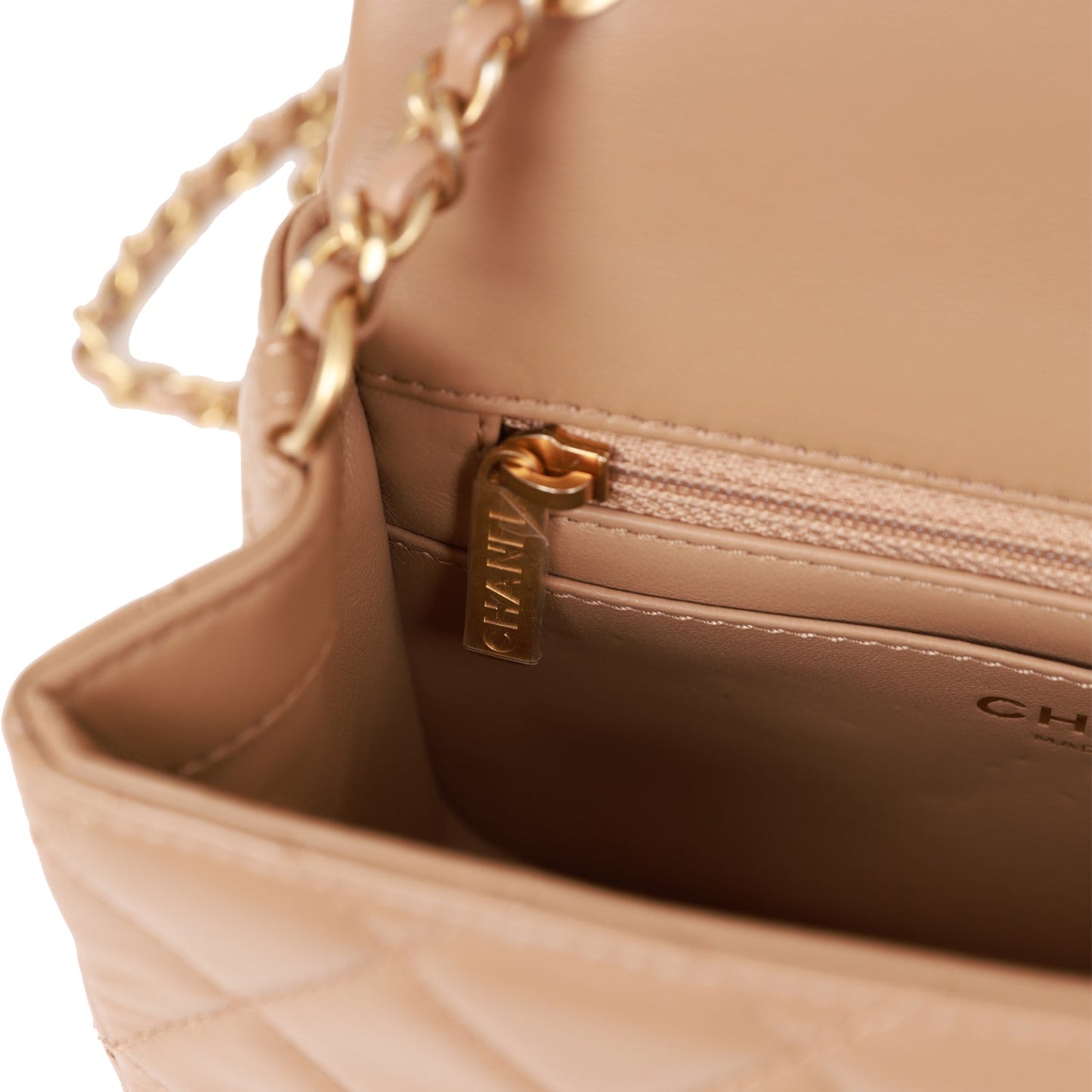 Chanel Pearl Crush Mini Square Flap Bag Beige Lambskin Antique Gold Hardware