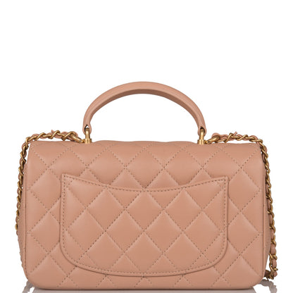 Chanel Mini Rectangular Flap with Top Handle Beige Lambskin Antique Gold Hardware