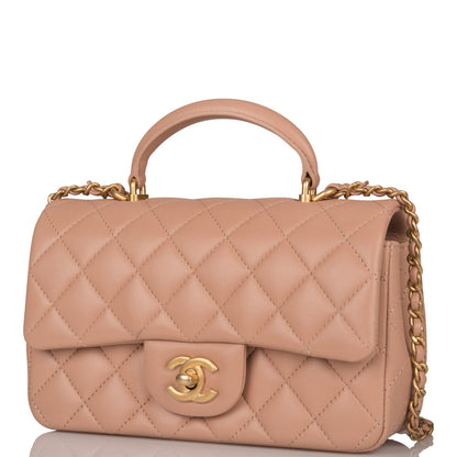 Chanel Mini Rectangular Flap with Top Handle Beige Lambskin Antique Gold Hardware