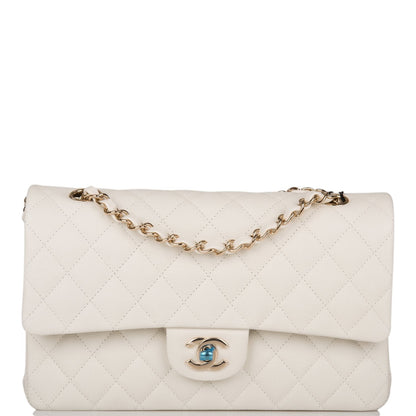 Chanel White Quilted Caviar Medium Classic Double Flap Bag Light Gold Hardware