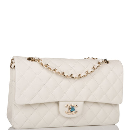 Chanel White Quilted Caviar Medium Classic Double Flap Bag Light Gold Hardware