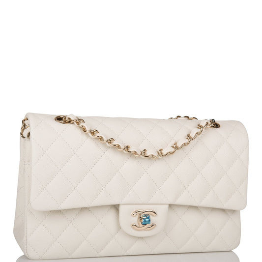 Chanel White Quilted Caviar Medium Classic Double Flap Bag Light Gold Hardware