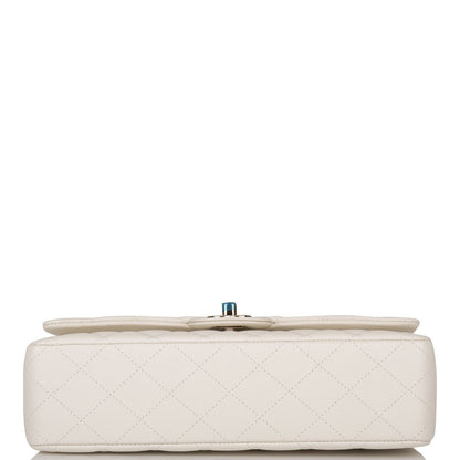 Chanel White Quilted Caviar Medium Classic Double Flap Bag Light Gold Hardware