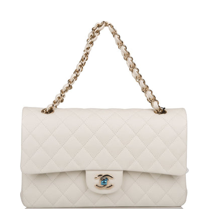 Chanel White Quilted Caviar Medium Classic Double Flap Bag Light Gold Hardware