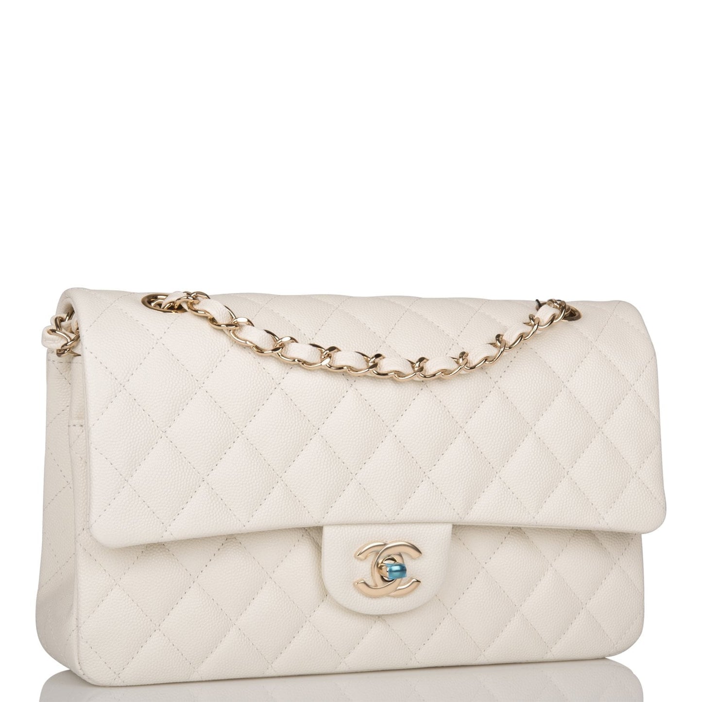 Chanel White Quilted Caviar Medium Classic Double Flap Bag Light Gold Hardware