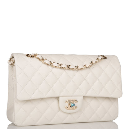 Chanel White Quilted Caviar Medium Classic Double Flap Bag Light Gold Hardware