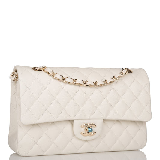 Chanel White Quilted Caviar Medium Classic Double Flap Bag Light Gold Hardware