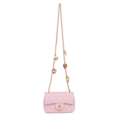Chanel Mini Rectangular Flap Bag with Heart Chain Pink Lambskin Antique Gold Hardware