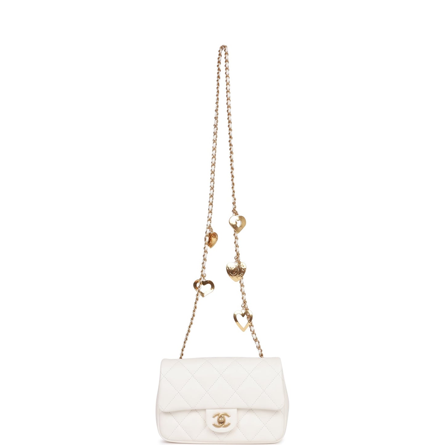 Chanel Mini Rectangular Flap Bag with Heart Chain White Lambskin Antique Gold Hardware