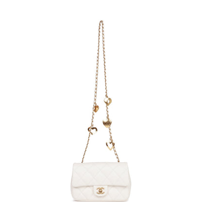 Chanel Mini Rectangular Flap Bag with Heart Chain White Lambskin Antique Gold Hardware