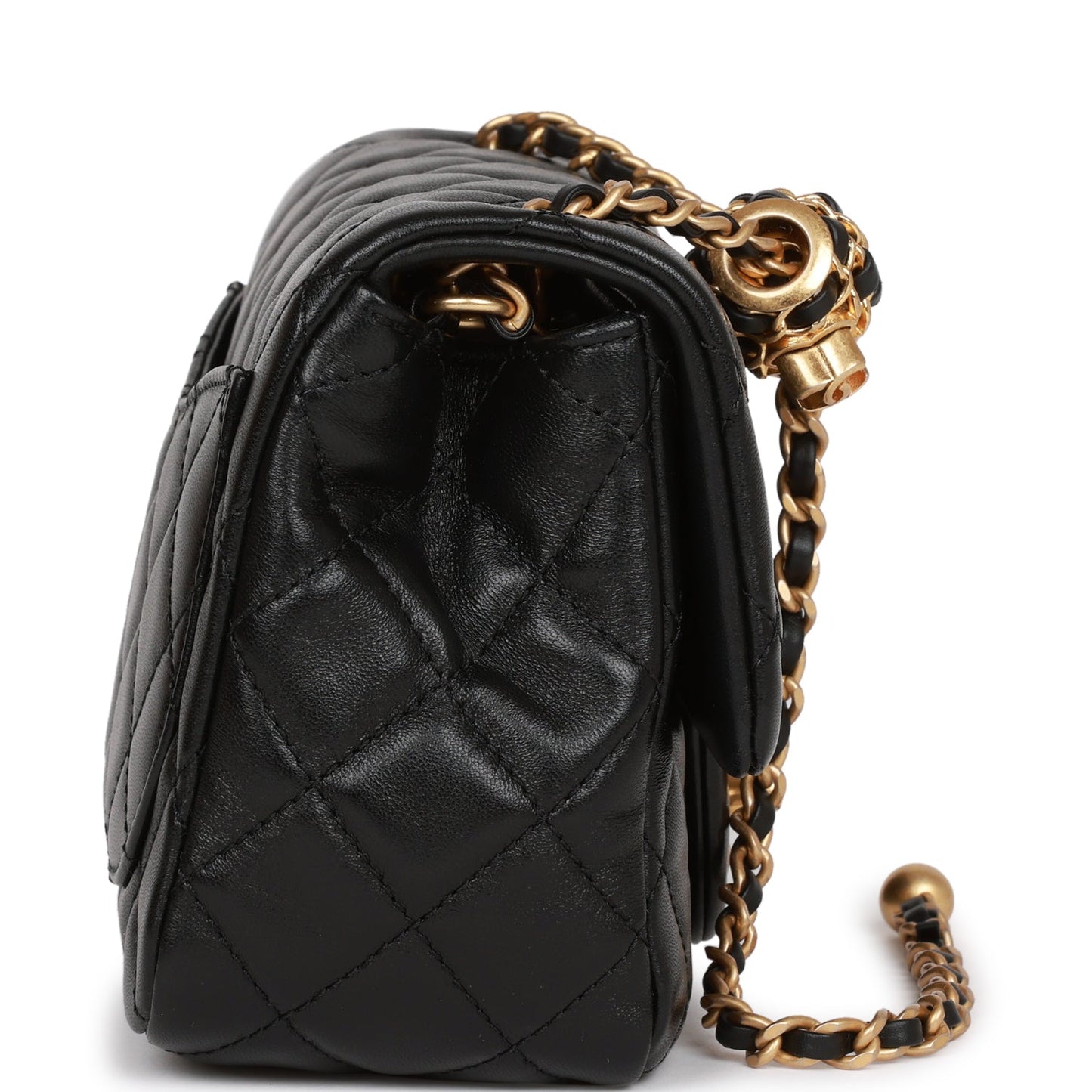 Chanel Pearl Crush Mini Square Flap Bag Black Lambskin Antique Gold Hardware