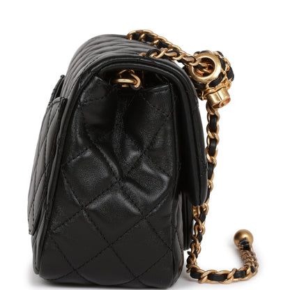 Chanel Pearl Crush Mini Square Flap Bag Black Lambskin Antique Gold Hardware