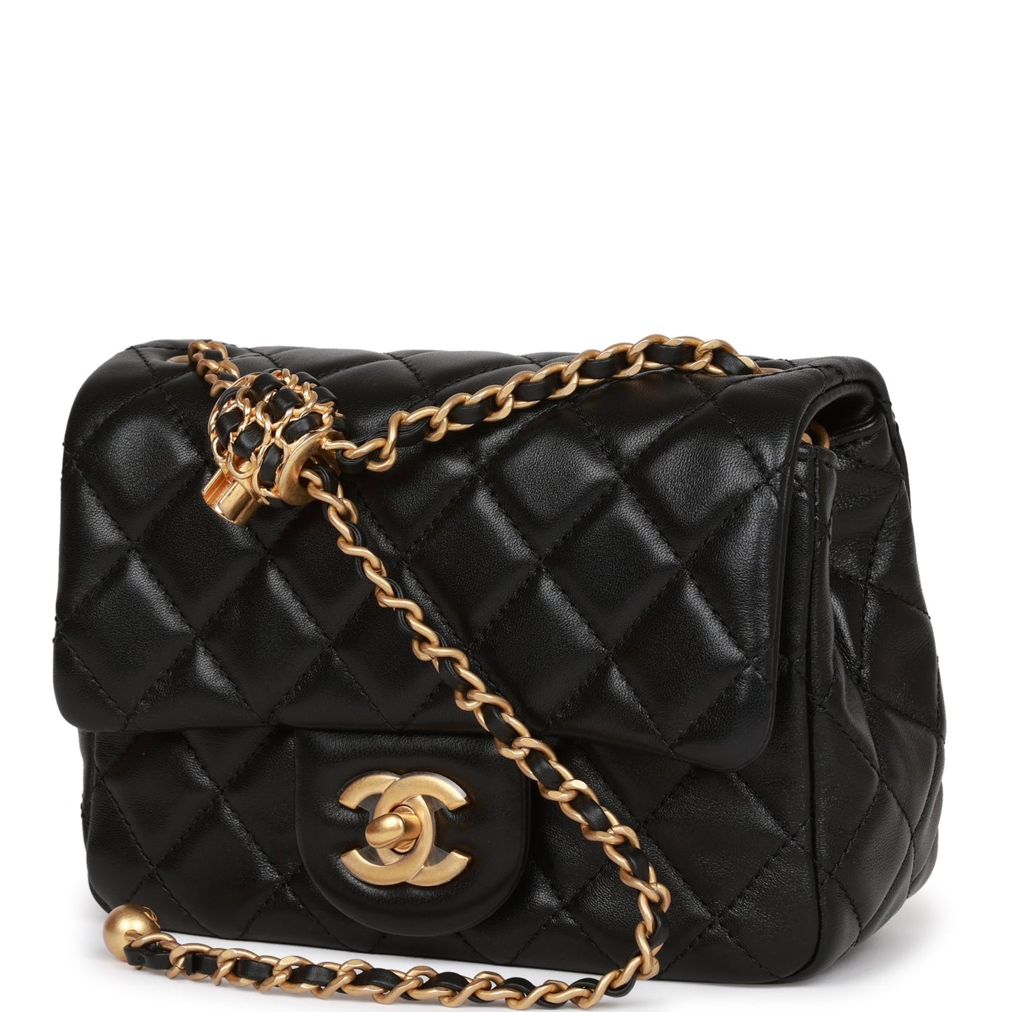 Chanel Pearl Crush Mini Square Flap Bag Black Lambskin Antique Gold Hardware