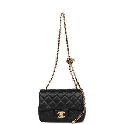 Chanel Pearl Crush Mini Square Flap Bag Black Lambskin Antique Gold Hardware