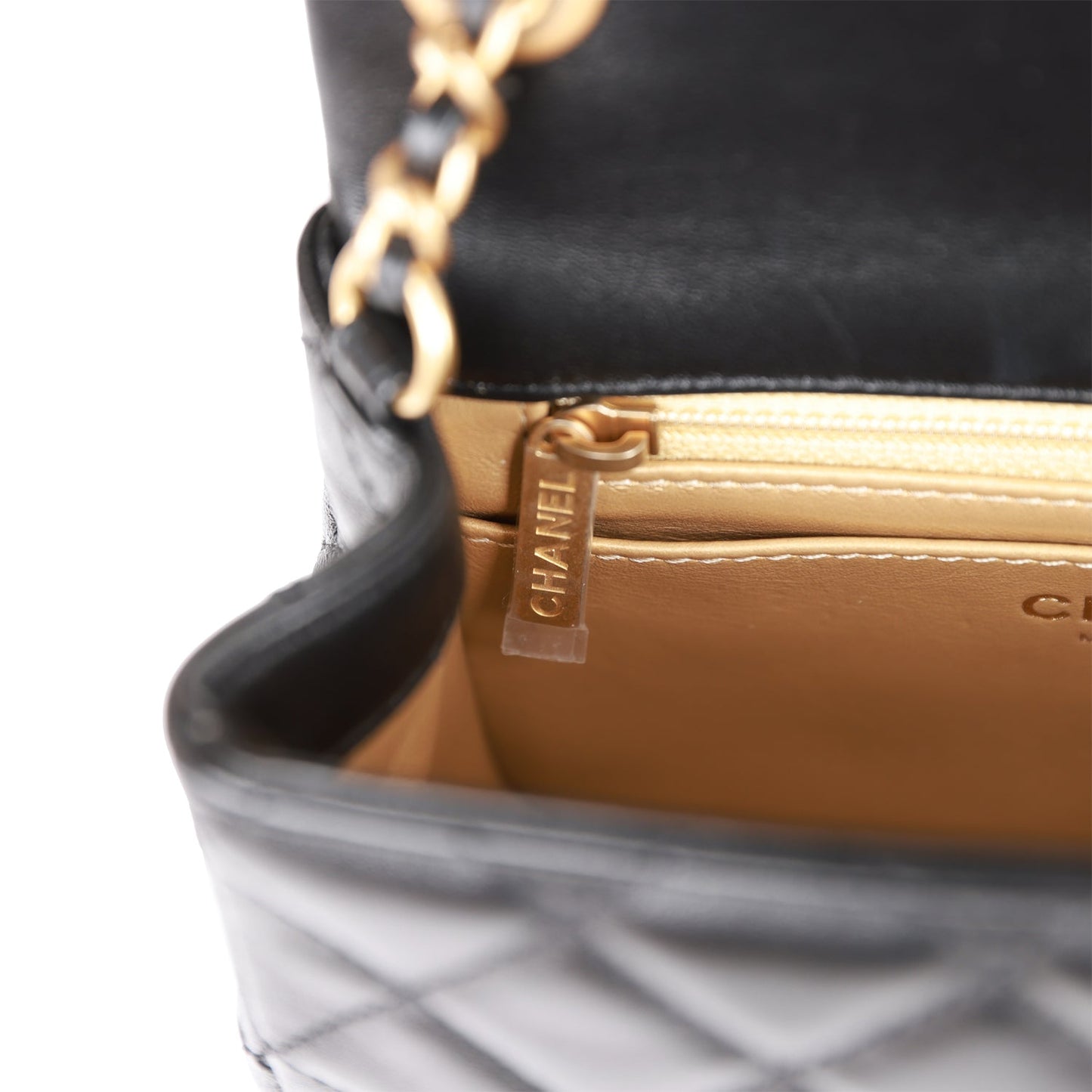 Chanel Pearl Crush Mini Square Flap Bag Black Lambskin Antique Gold Hardware