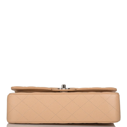 Chanel Medium Classic Double Flap Bag Beige Quilted Caviar Silver Hardware
