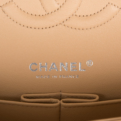 Chanel Medium Classic Double Flap Bag Beige Quilted Caviar Silver Hardware