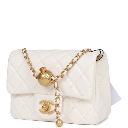 Chanel Pearl Crush Mini Square Flap Bag White Lambskin Antique Gold Hardware