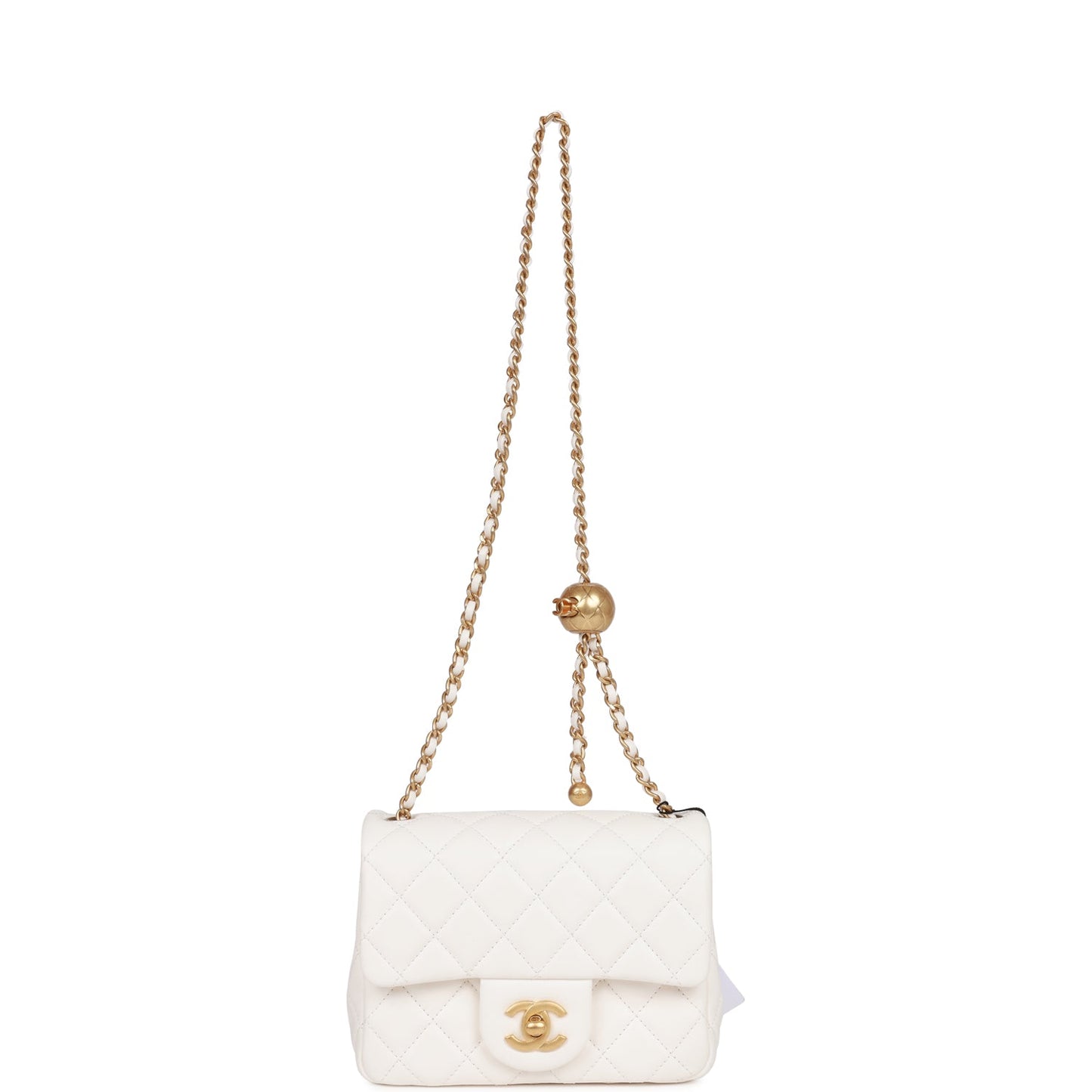 Chanel Pearl Crush Mini Square Flap Bag White Lambskin Antique Gold Hardware