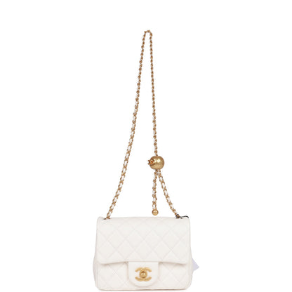 Chanel Pearl Crush Mini Square Flap Bag White Lambskin Antique Gold Hardware