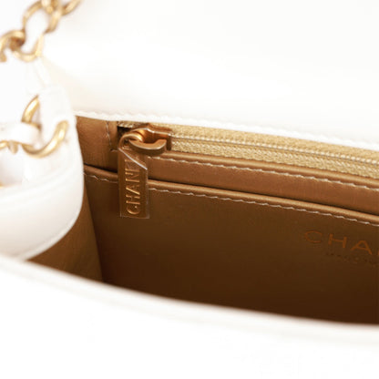 Chanel Pearl Crush Mini Square Flap Bag White Lambskin Antique Gold Hardware