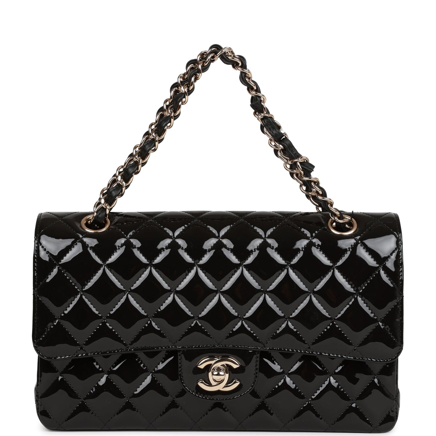 Chanel Medium Classic Double Flap Bag Black Patent Light Gold Hardware