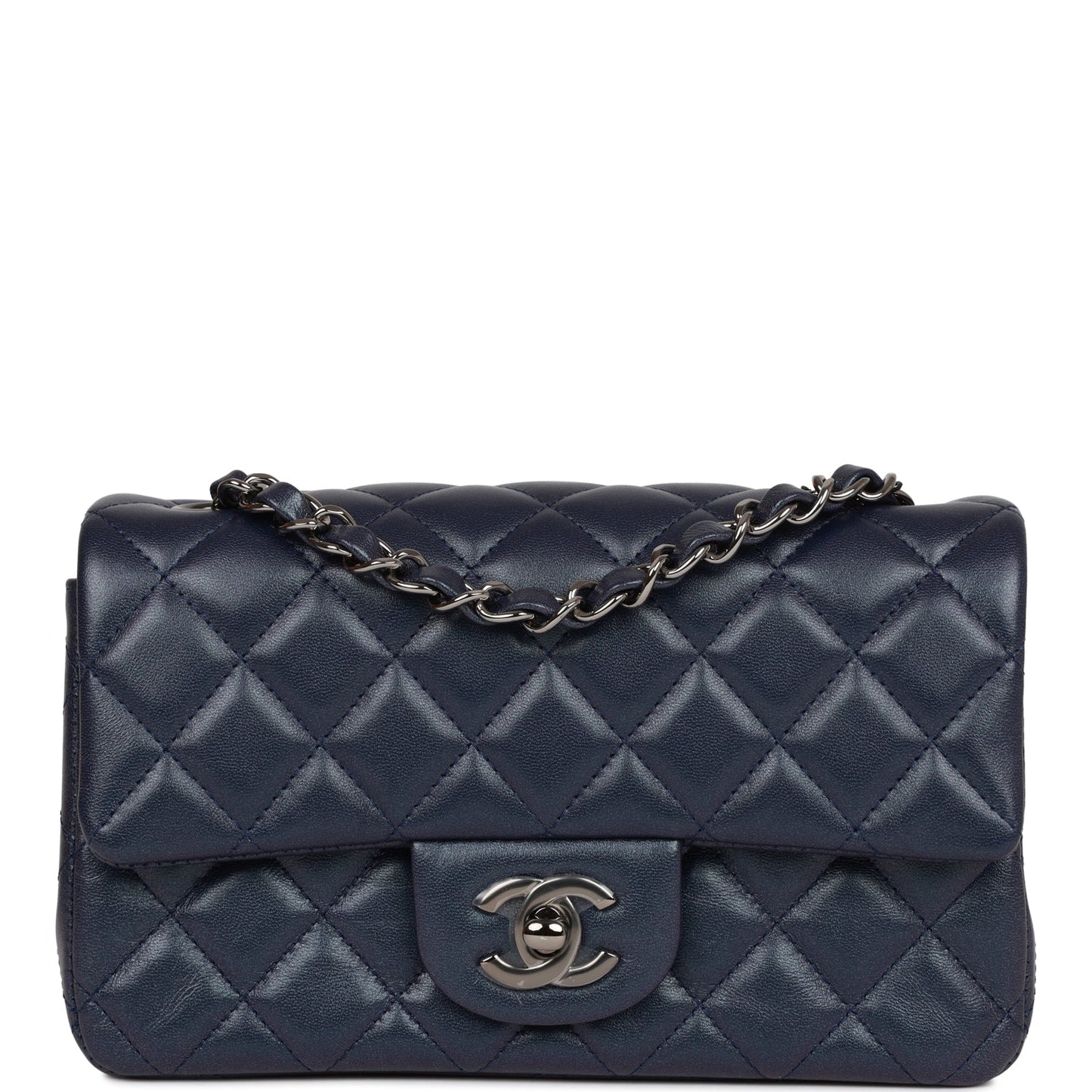 Chanel Mini Rectangular Flap Bag Navy Iridescent Lambskin Ruthenium Hardware