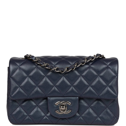 Chanel Mini Rectangular Flap Bag Navy Iridescent Lambskin Ruthenium Hardware