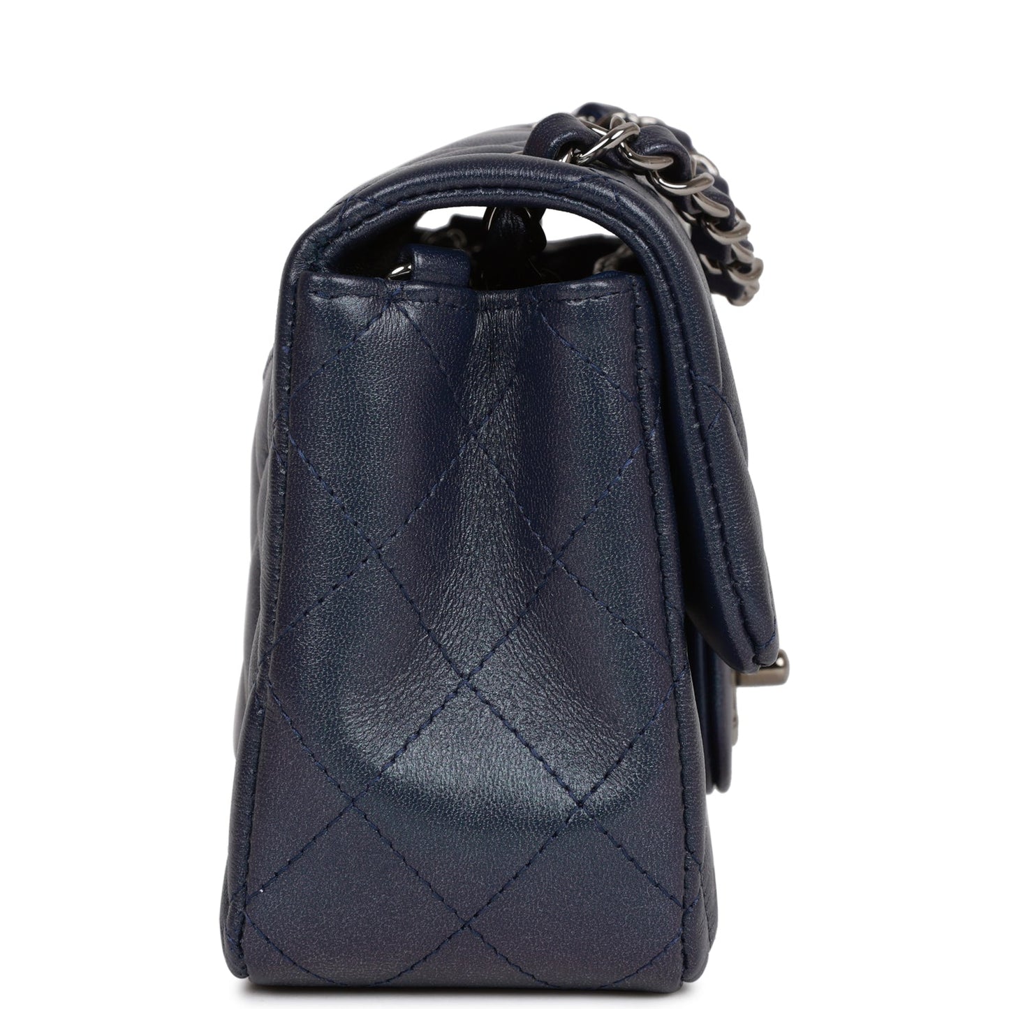 Chanel Mini Rectangular Flap Bag Navy Iridescent Lambskin Ruthenium Hardware