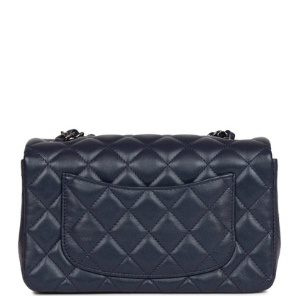 Chanel Mini Rectangular Flap Bag Navy Iridescent Lambskin Ruthenium Hardware