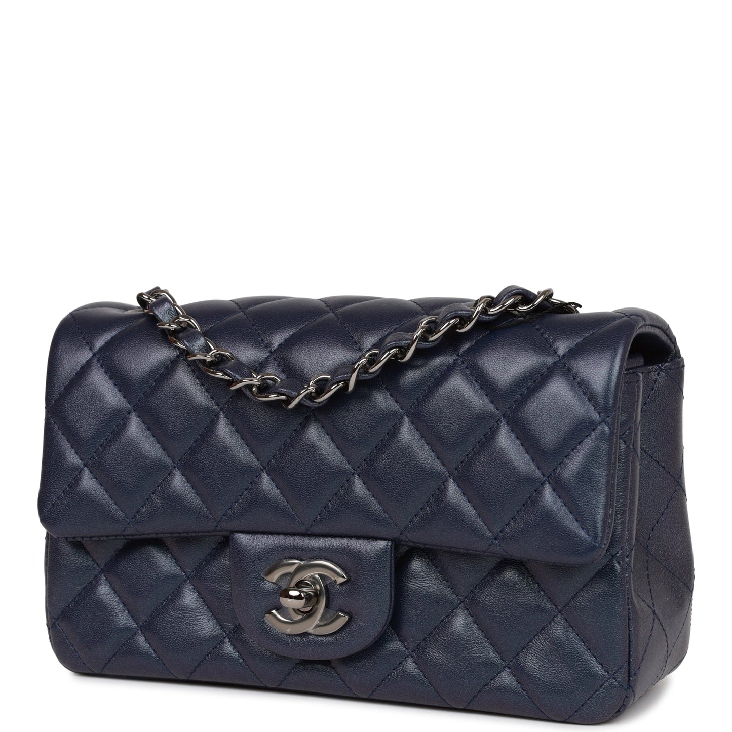 Chanel Mini Rectangular Flap Bag Navy Iridescent Lambskin Ruthenium Hardware