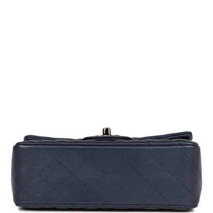 Chanel Mini Rectangular Flap Bag Navy Iridescent Lambskin Ruthenium Hardware