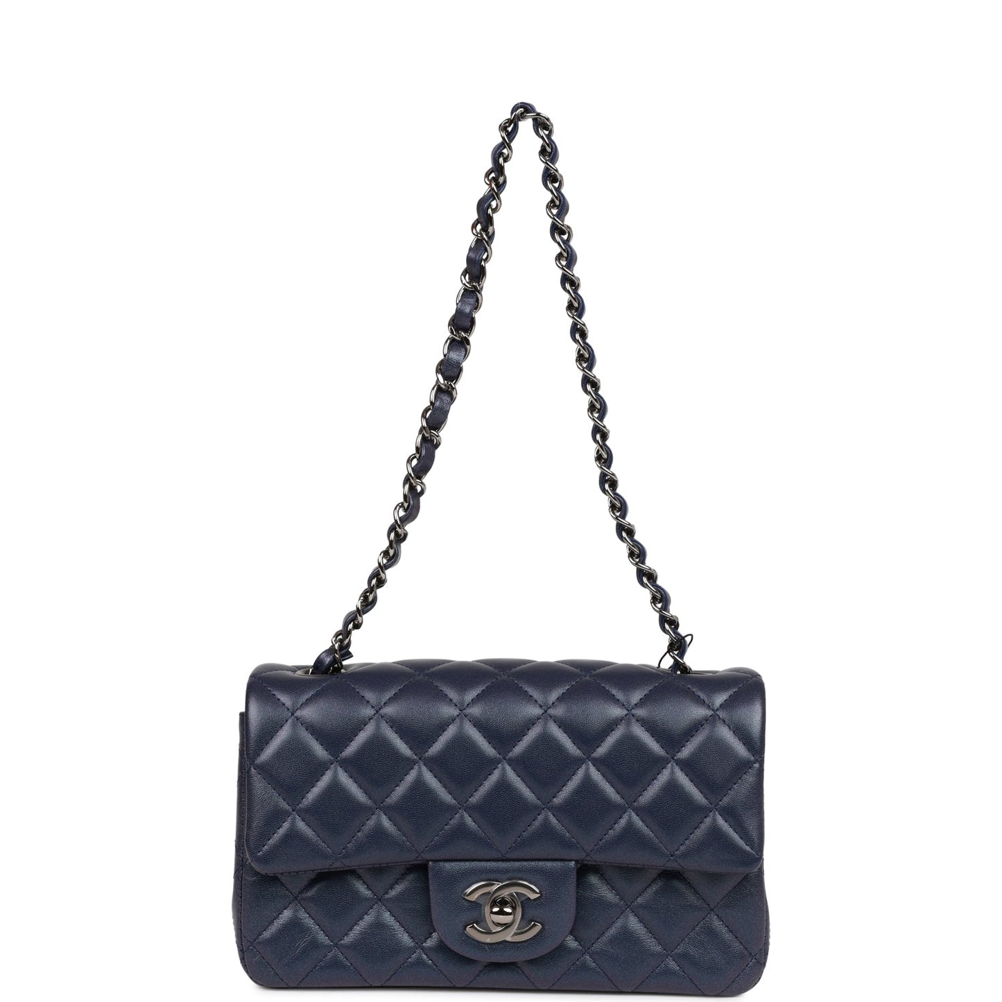 Chanel Mini Rectangular Flap Bag Navy Iridescent Lambskin Ruthenium Hardware