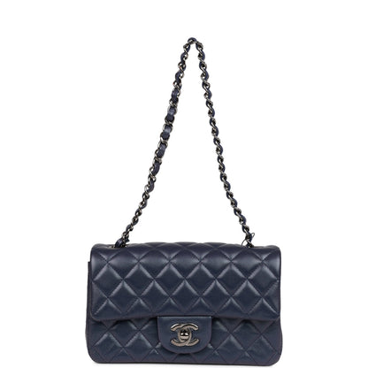 Chanel Mini Rectangular Flap Bag Navy Iridescent Lambskin Ruthenium Hardware