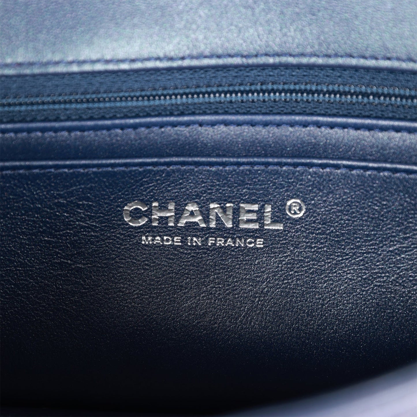 Chanel Mini Rectangular Flap Bag Navy Iridescent Lambskin Ruthenium Hardware