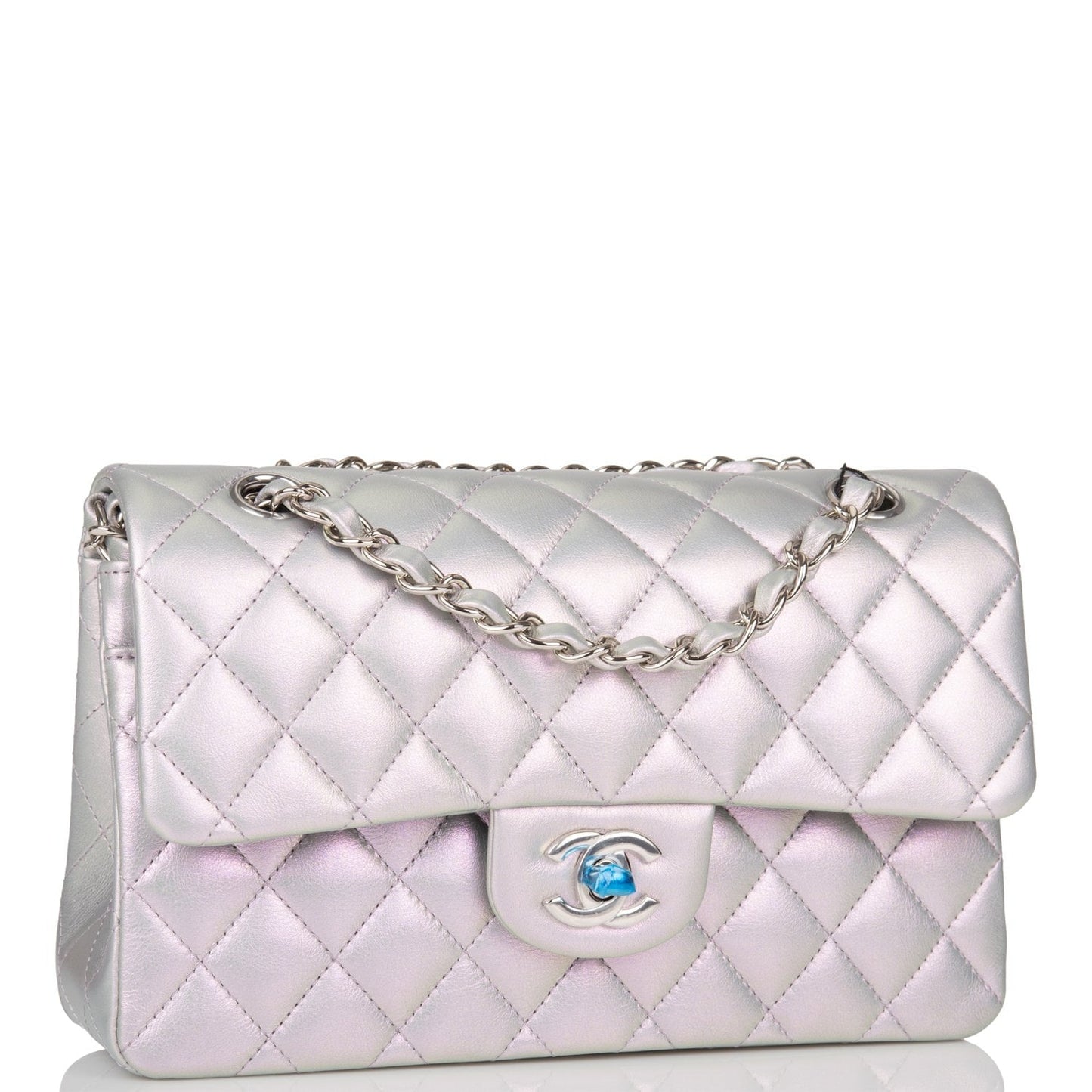 Chanel Small Classic Double Flap Bag Purple Iridescent Lambskin Silver Hardware