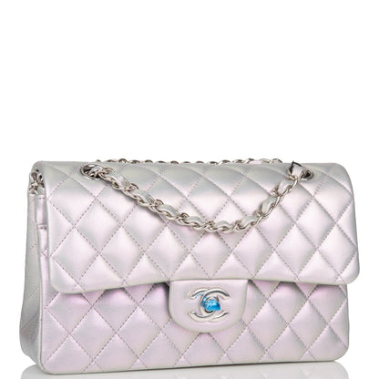 Chanel Small Classic Double Flap Bag Purple Iridescent Lambskin Silver Hardware